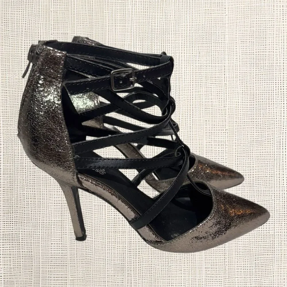 VTG Charlotte Russe Strappy Heels Metallic Gunmetal Pointed Toe Stilettos Size 6